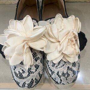 Twin-Set Black Lace Espadrilles with Cream Floral Appliqués - WORN ONCE
